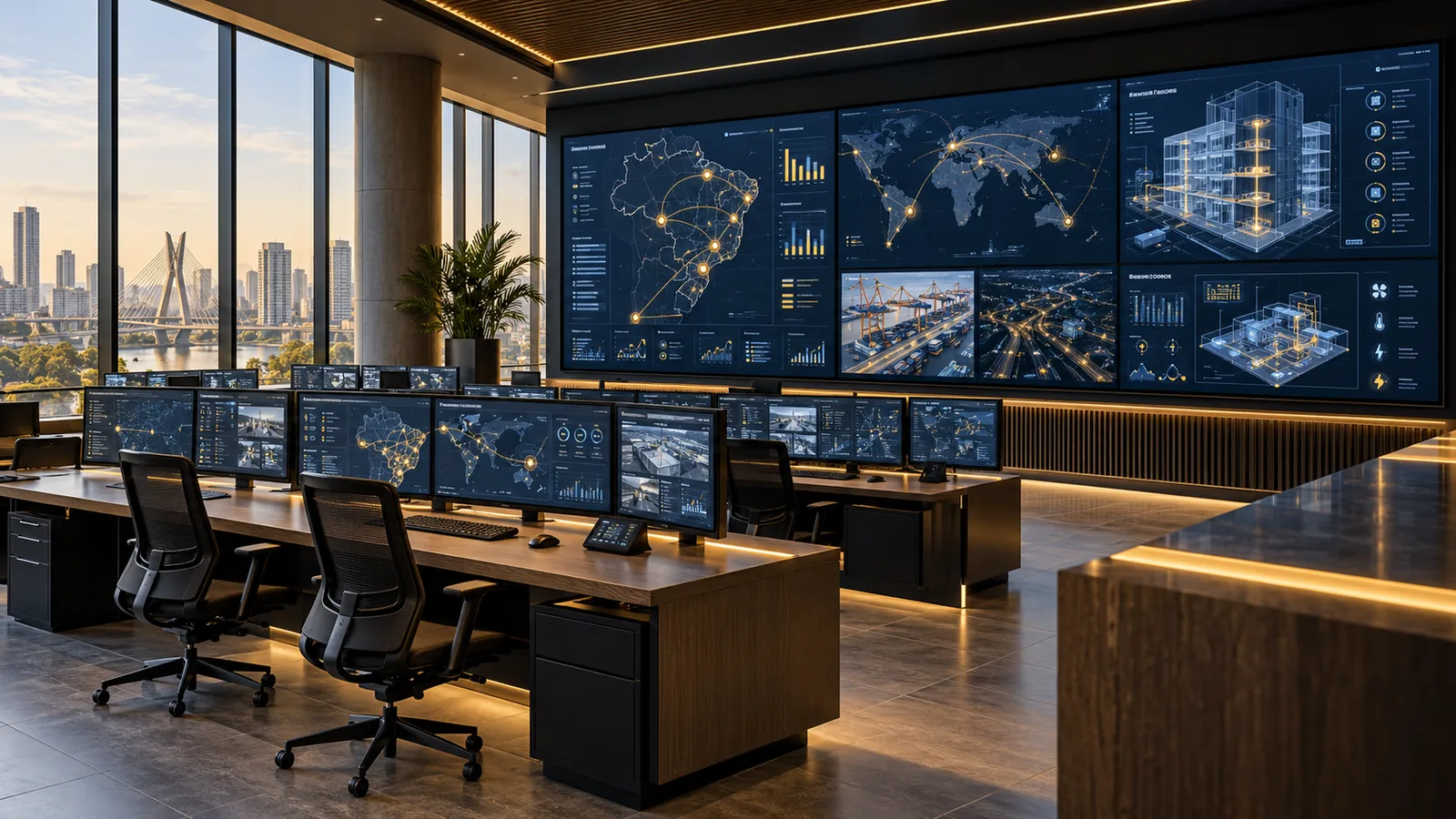 Sala de controle com painéis de indicadores operacionais