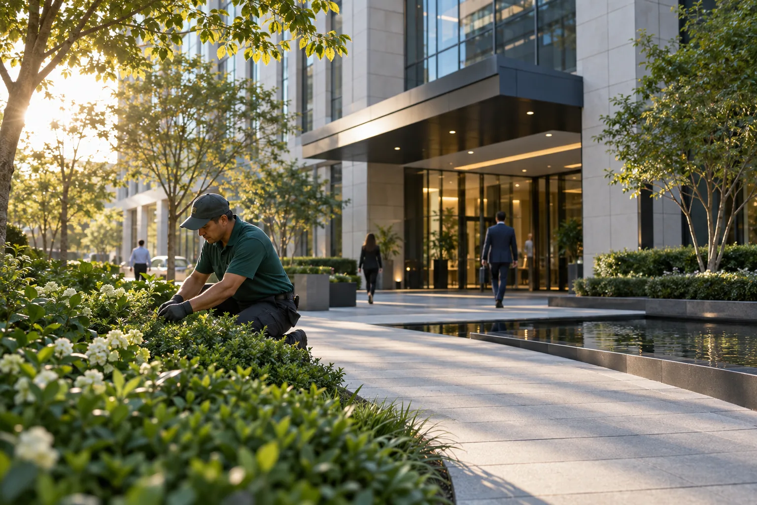 Profissional de jardinagem em campus empresarial