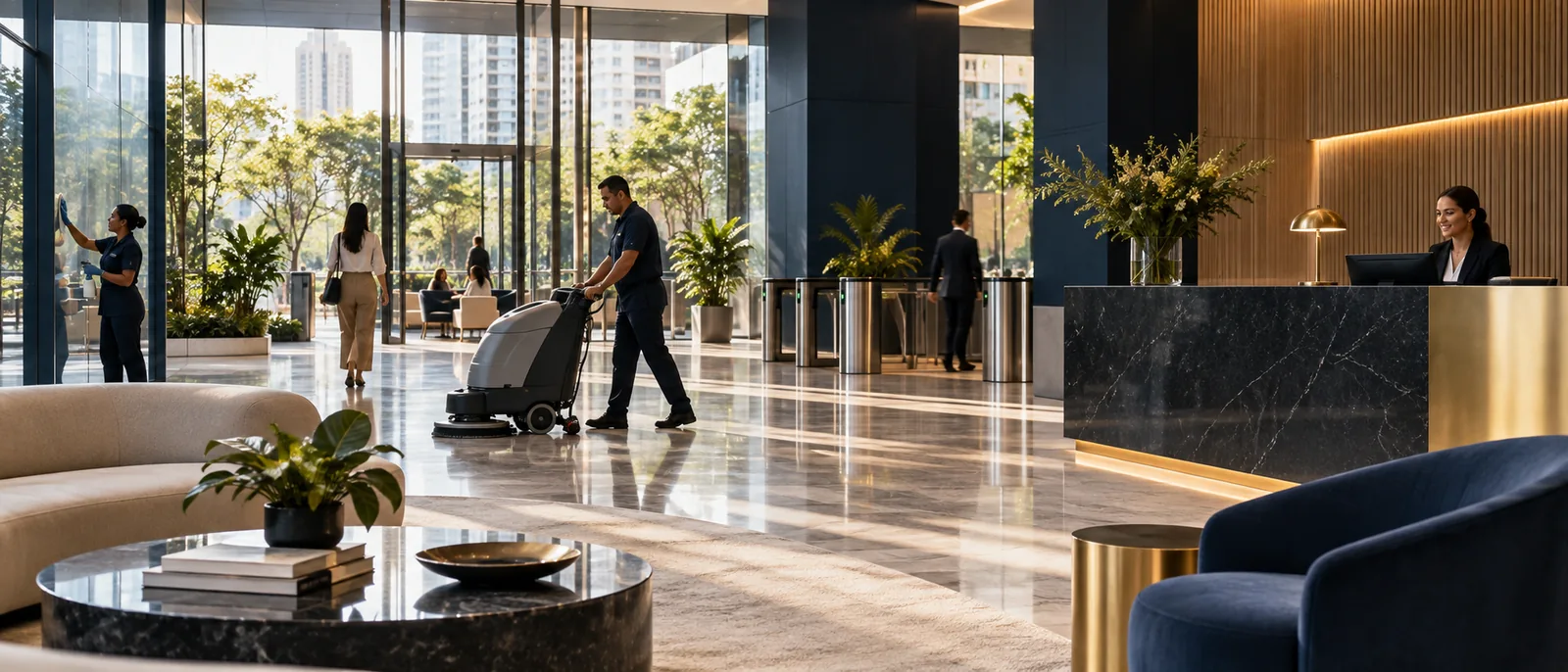 Profissional de facilities cuidando de um ambiente corporativo contemporâneo
