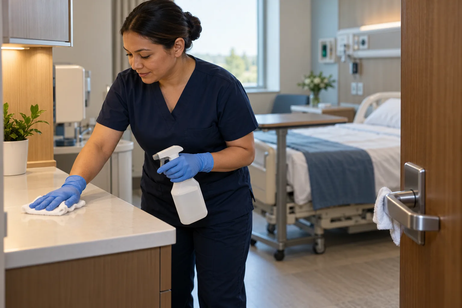 Profissional de higiene desinfetando superfície em quarto hospitalar