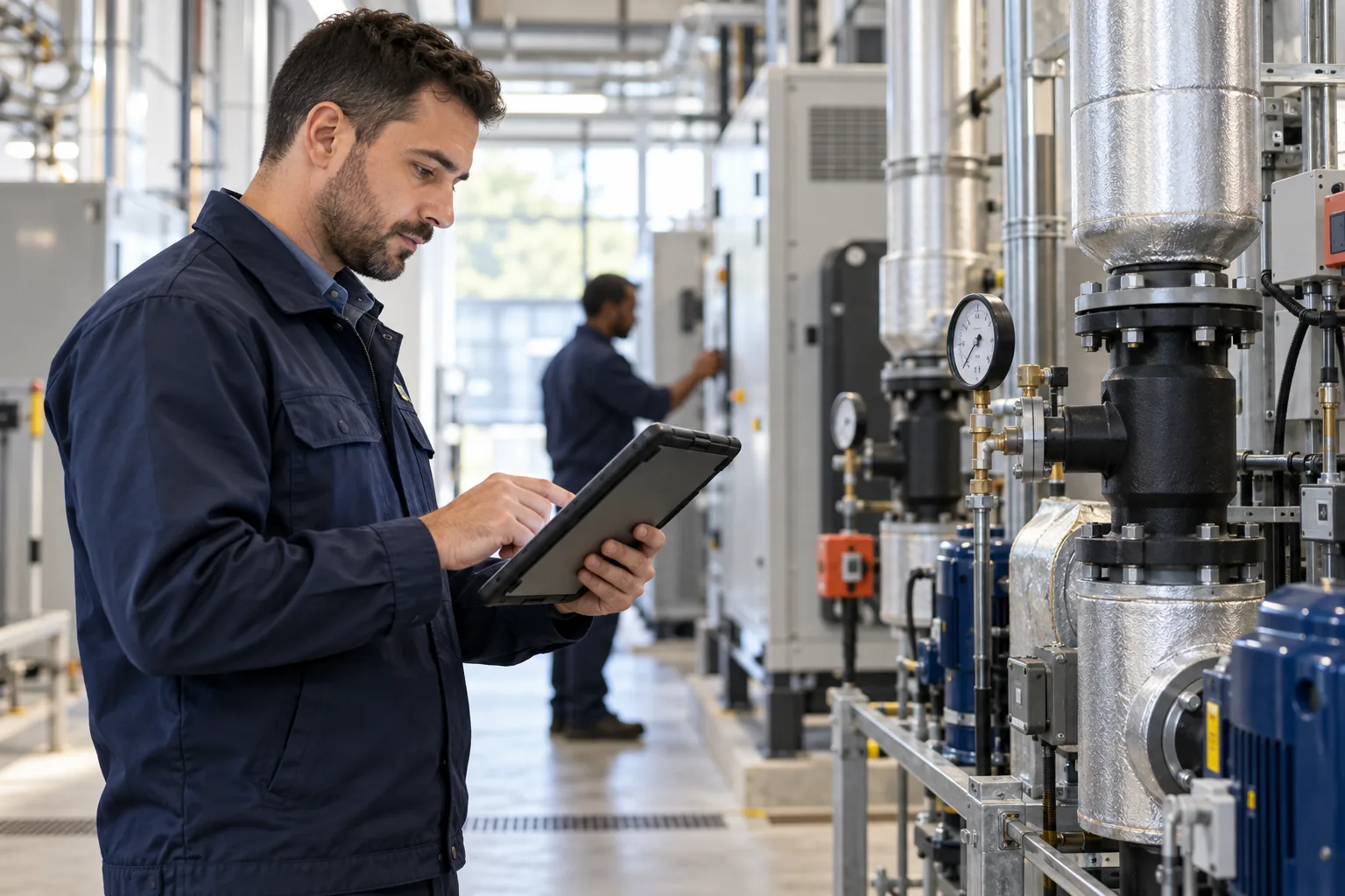 Profissional técnico conferindo equipamentos e checklist de manutenção