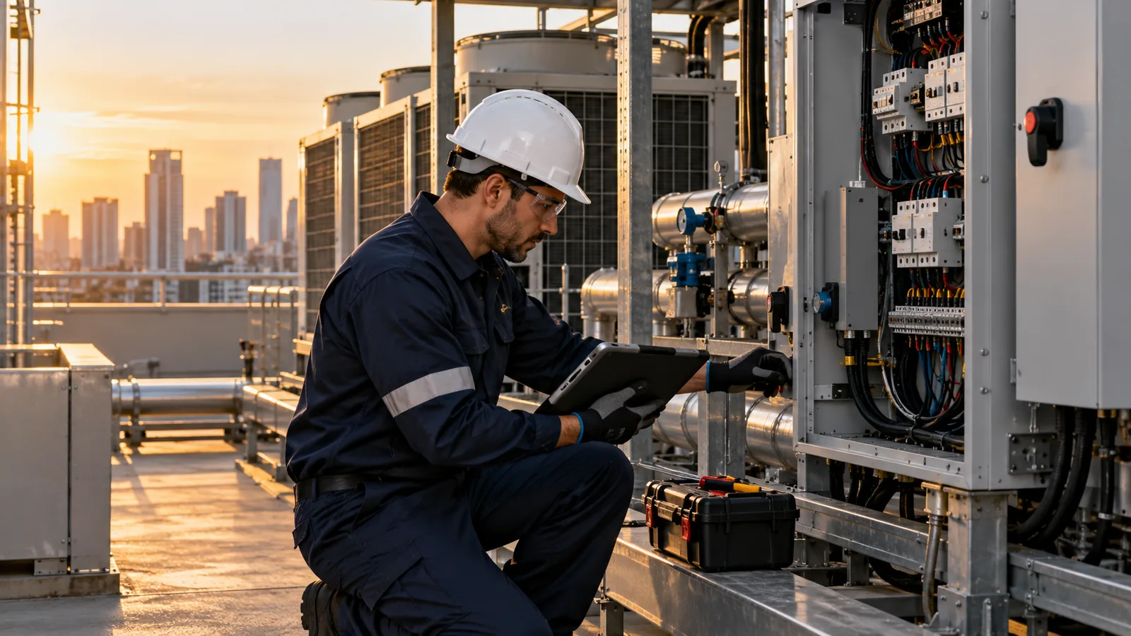 Técnico avaliando sistemas de climatização e instalações prediais