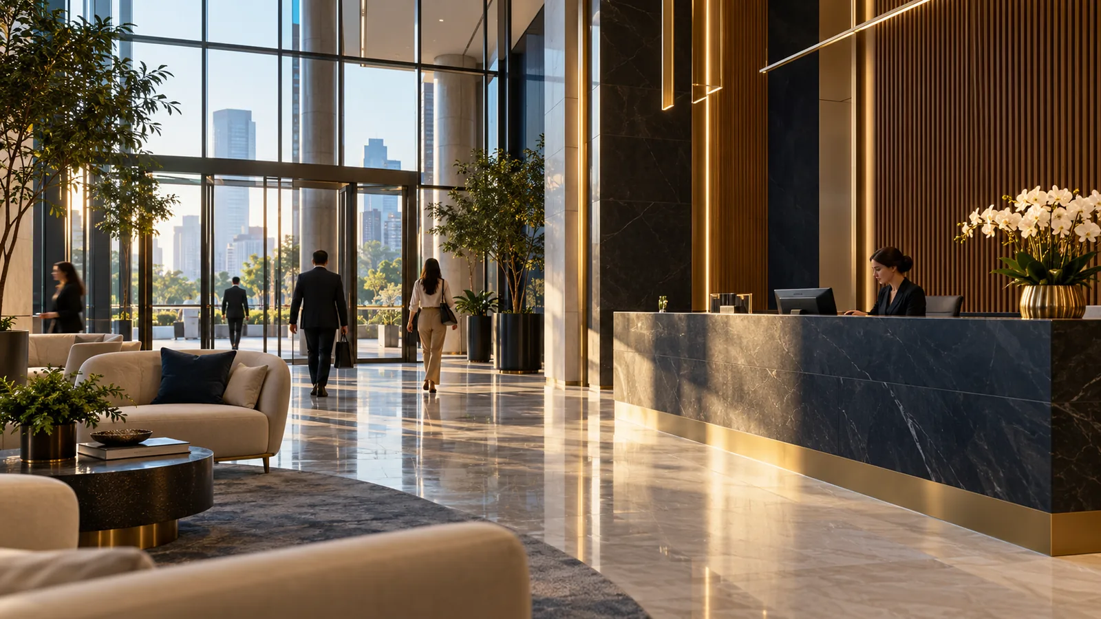 Recepção em funcionamento em edifício comercial