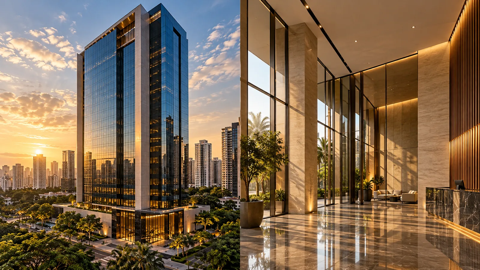 Edifício comercial contemporâneo e seu lobby