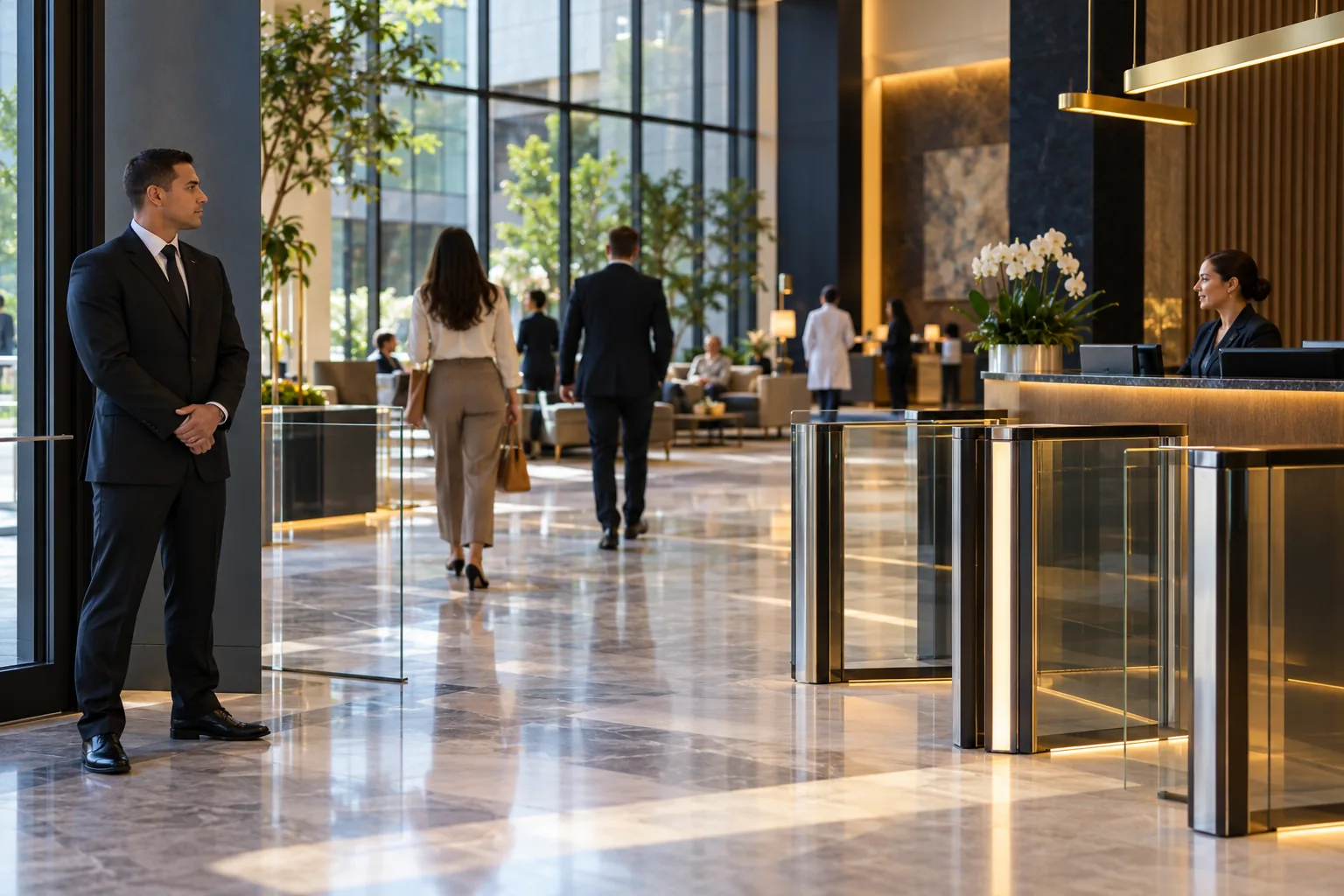 Área de recepção corporativa com rotina de controle de acesso