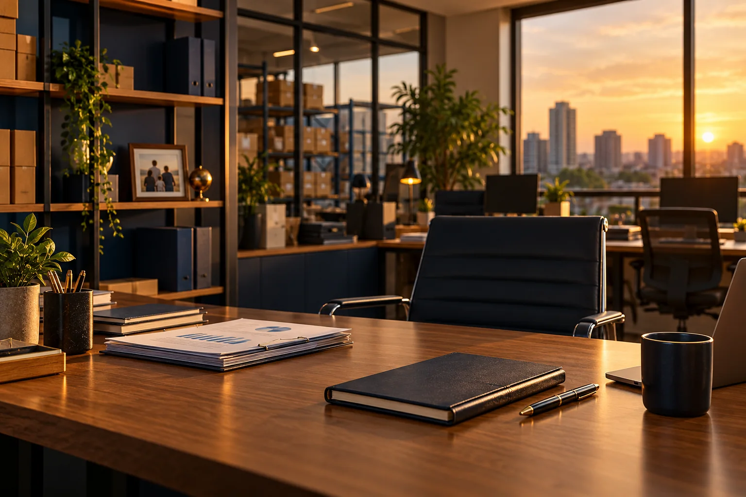 Escritório empresarial organizado ao pôr do sol, representando continuidade e legado